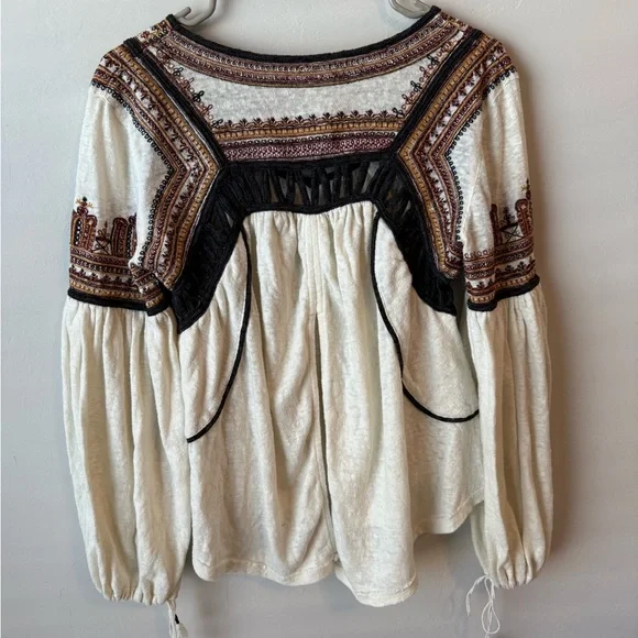 Free People Bohemia Cream and Black Embroidered Blouse - Picture 6 of 7